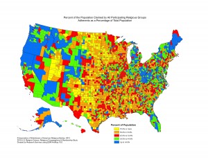 US religious adherence by county, via ASARB's 2010 US Religious Census