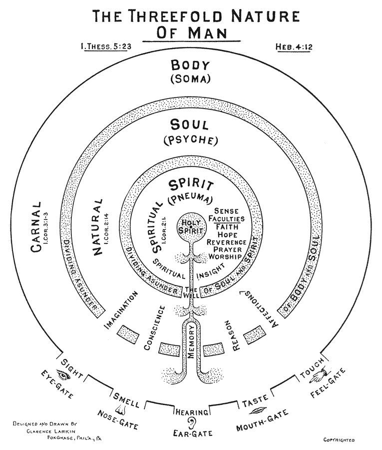 Diagram of the how the body, spirit and soul of a man might be relate if they are separate entities