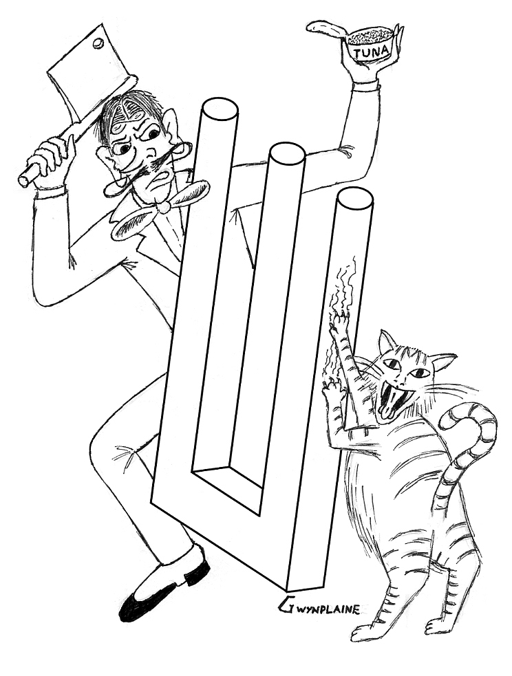 Optical illusion involving a trident with either 2 or 3 tines, and a cat either on the side or in front