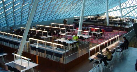 Seattle Public Library Reading Room, photo by Eric Hunt via Wikimedia Commons, licensed under Creative Commons Attribution 2.5 Generic License.
