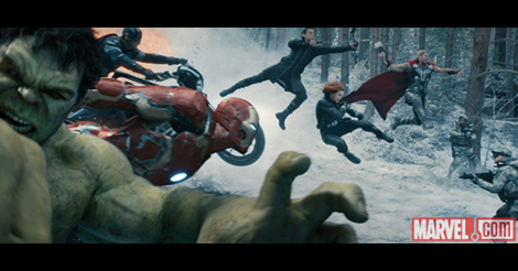 Film Frame of Avengers leaping into action