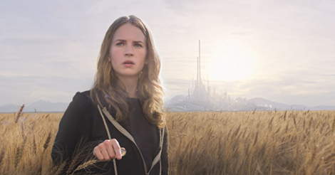 Promotional image from Tomorrowland, showing the heroine looking toward the camera, away from a futuristic city.