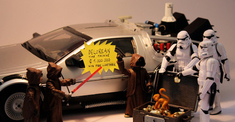 Jawa action figures selling a DeLorean time machine to stormtroopers