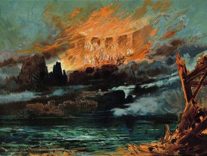 Set design painting of Valhalla on fire from Wagner's Gotterdammerung