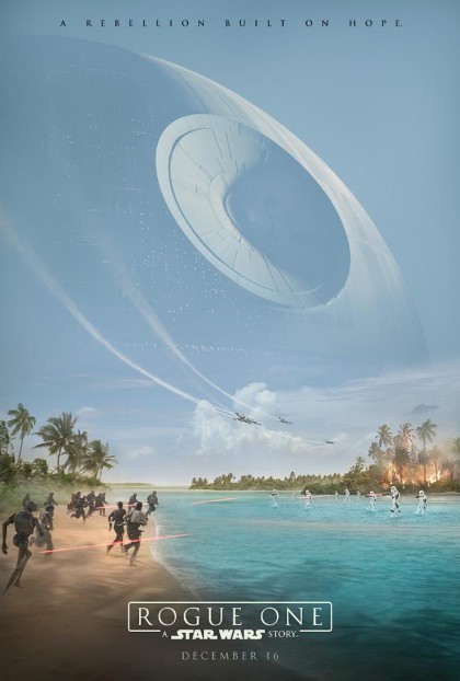 Poster for Star Wars film <em>Rogue One</em> showing the Death Star filling the daytime sky of a planet.