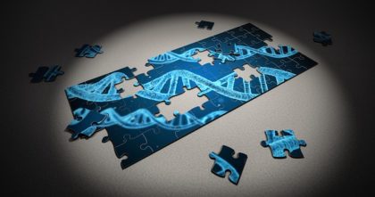 A partially completed jigsaw puzzle with an image of styled DNA double helix