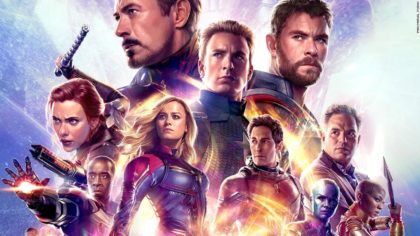 Poster for Avengers Endgame featuring Iron Man, Thor, Black Widow, Captain America, War Machine, Captain Marvel, Ant-Man, Bruce Banner, Nebula and Okoye.