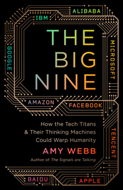 Cover art for "The Big Nine" featuring a circuit diagram and the names of the nine AI companies