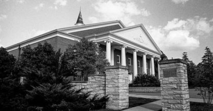 b&w photo of columned edifice at Wheaton College