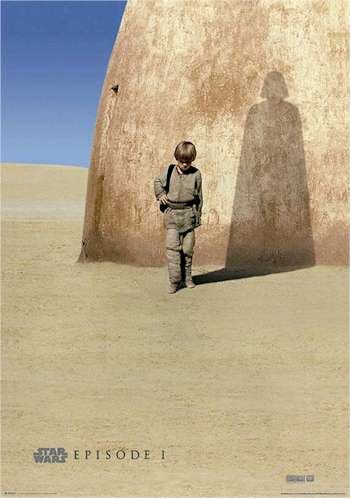 Young Anakin Skywalker casting a Darth Vader-shaped shadow