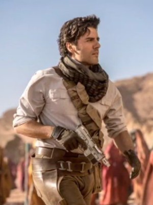 Poe Dameron striding confidently in the desert