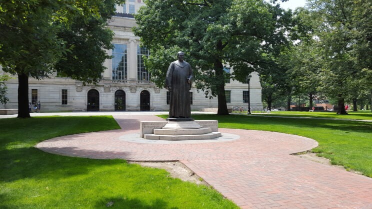 Statue of William Oxley Thompson in front of Thompson Library at The Ohio State University
